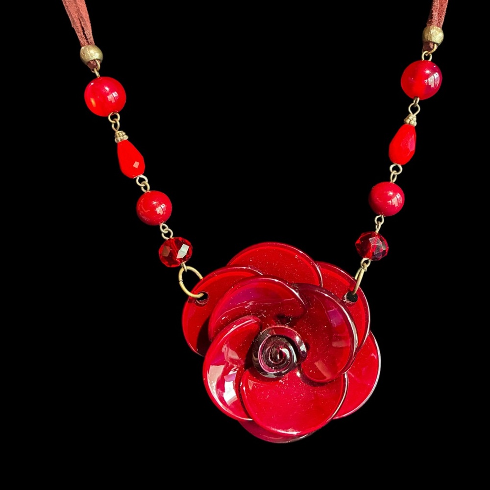 Red Floral Statement Pendant Necklace - Women Jewelry